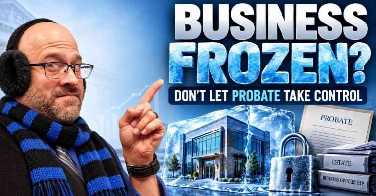 Business Frozen - Jeff Marsocci with ear muffs on pointing at a building covered in ice.